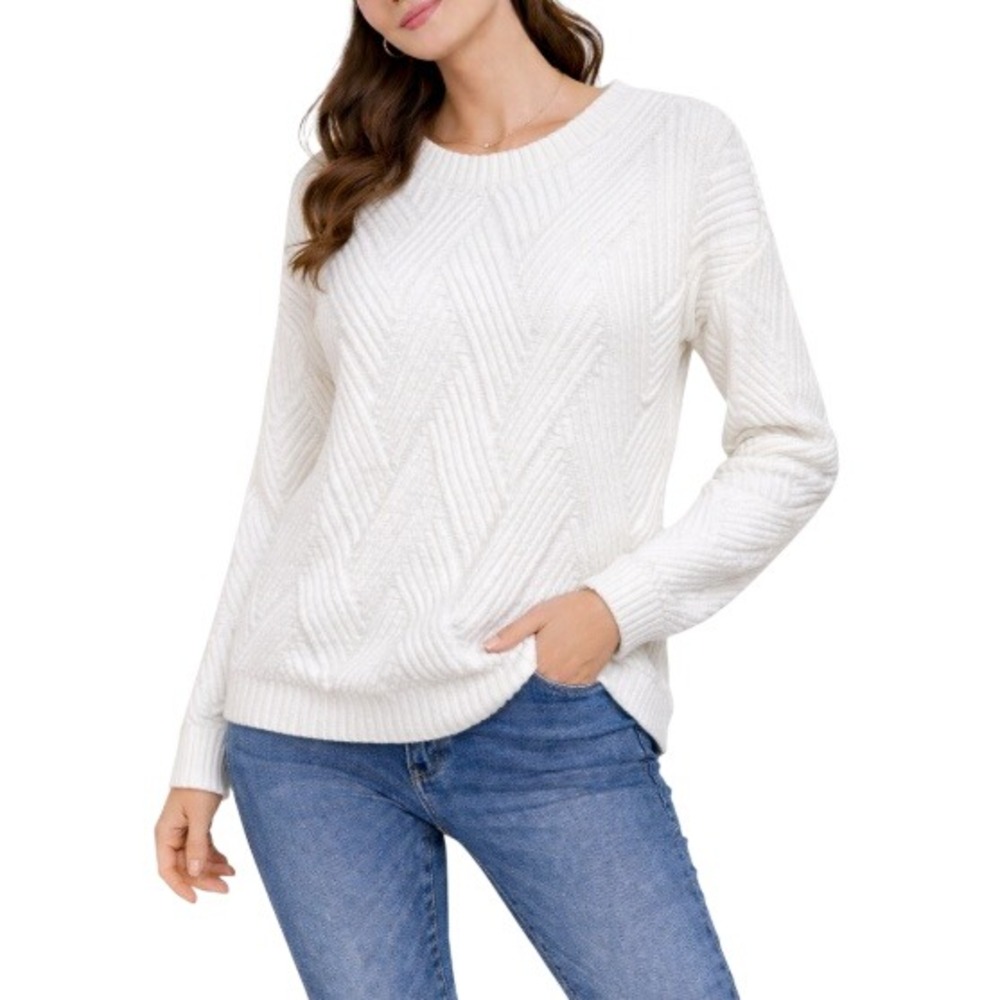 Dazy Women's White Textured‎ Chevron 3D Knit Crew Neck Pullover Sweater Size M